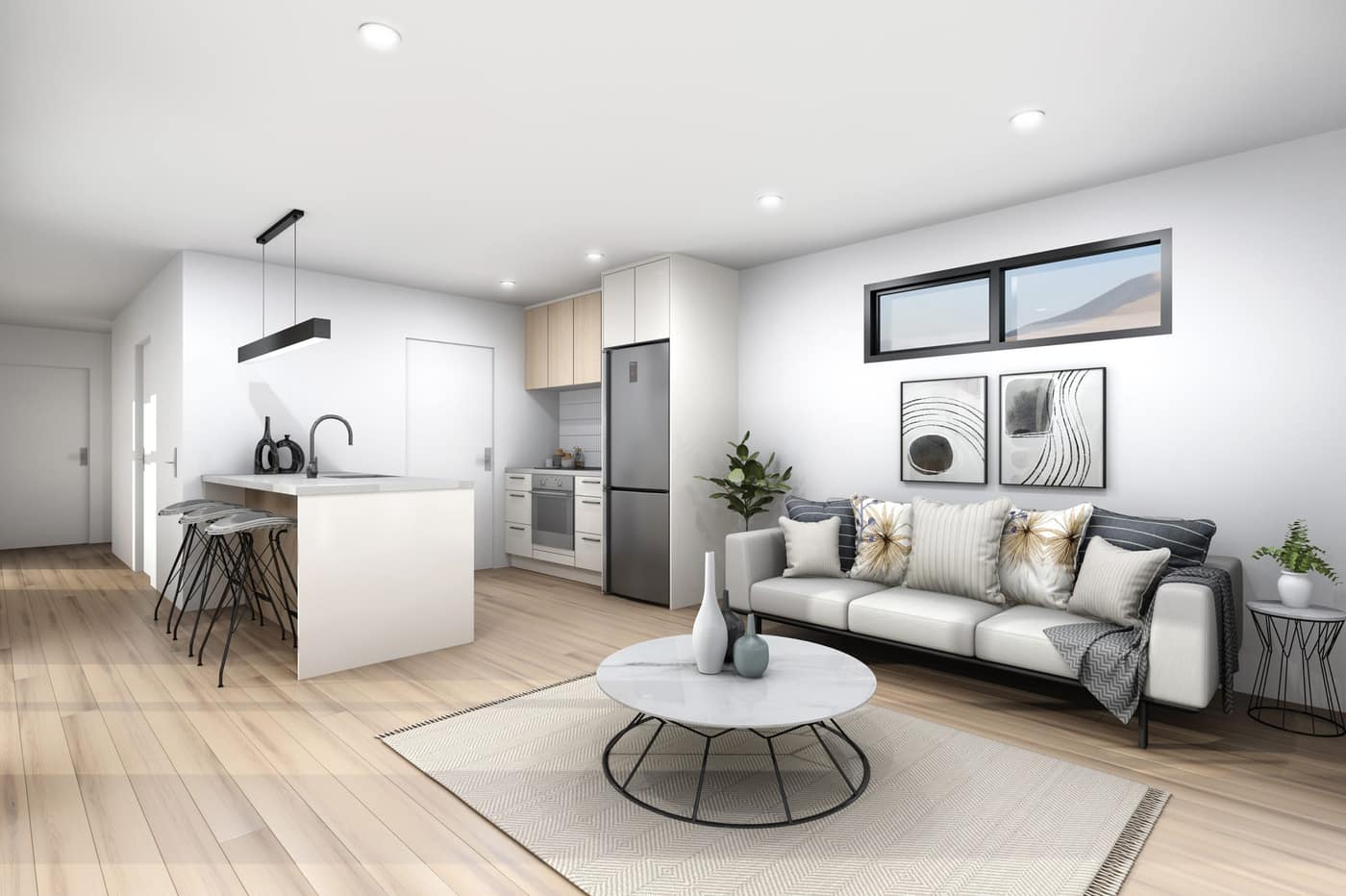 Open-plan kitchen and living in a Paragon Portables one-bedroom small home