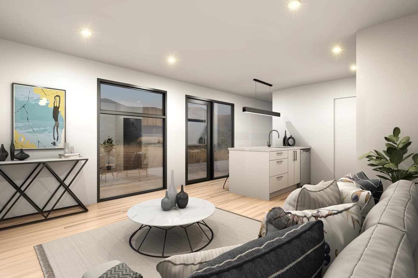 Bright living space with sliding doors in a one-bedroom Paragon Portables relocatable home