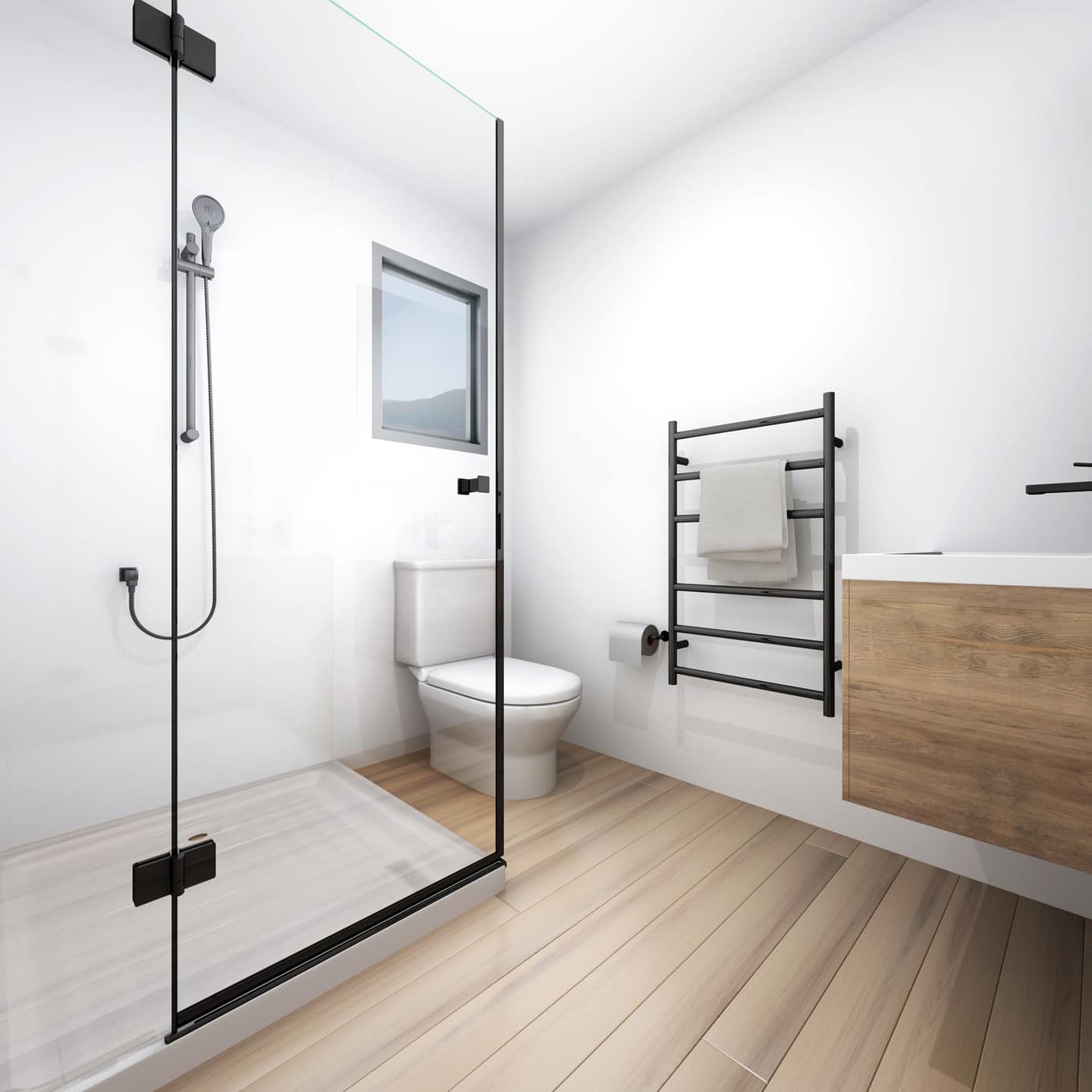 Contemporary bathroom in a Paragon Portables two-bedroom relocatable home with glass shower, timber vanity and black fixtures