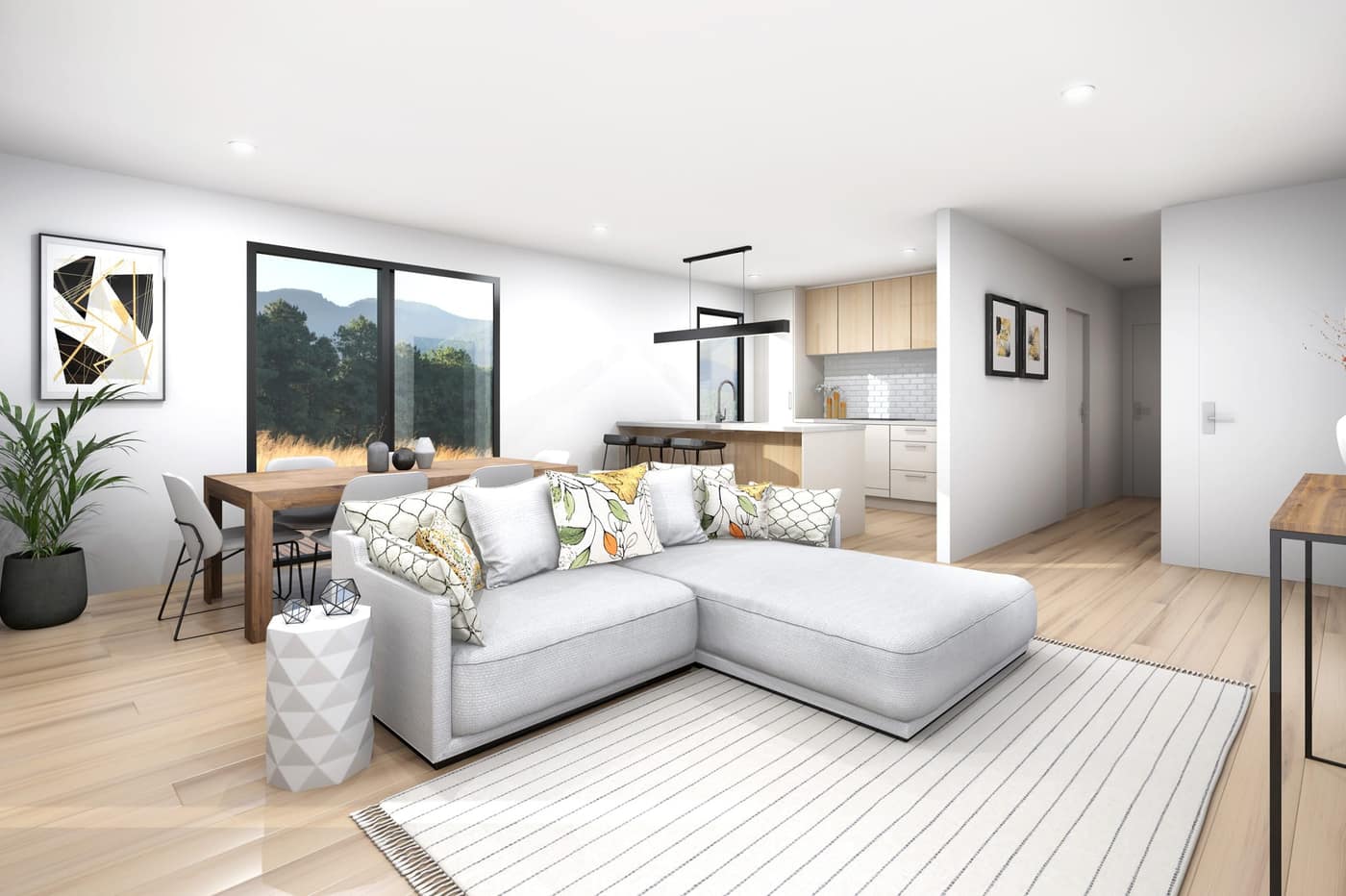 Living room and dining area in a Paragon Portables three-bedroom relocatable home, open-plan with natural light