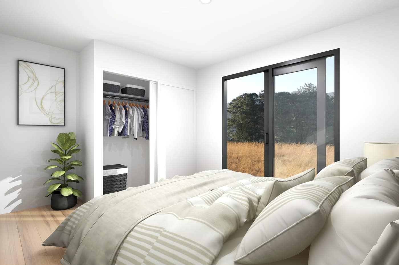 Sunny bedroom in a Paragon Portables three-bedroom portable home with built-in wardrobe and sliding doors