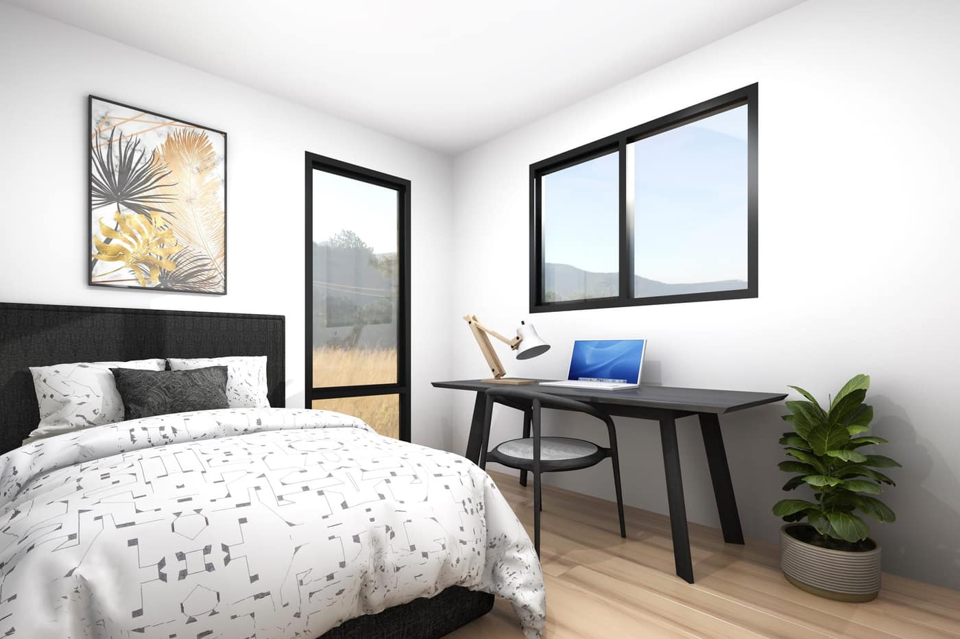 Bedroom and workspace combination inside a Paragon Portables three-bedroom relocatable home